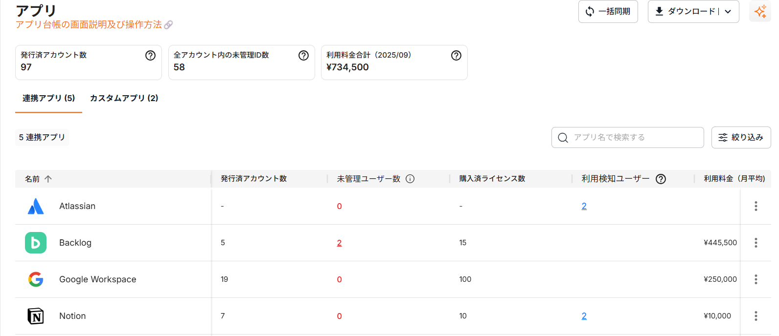 ライセンス管理画面のイメージ